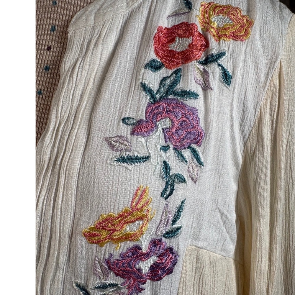 Free People Cream Embroidered Boho Tunic Dress Floral Babydoll Long Sleeve M - Picture 3 of 11